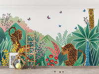 Leopard and Giraffe Kids wallpaper mural with leopards and a giraffe behind a wooden play ladder in a kids room