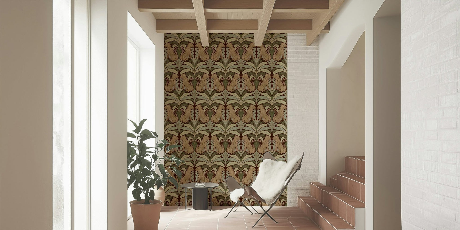 Leopard print with botanical leaves wallpaper in dining room, warm color accents