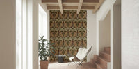 Leopard print with botanical leaves wallpaper in dining room, warm color accents