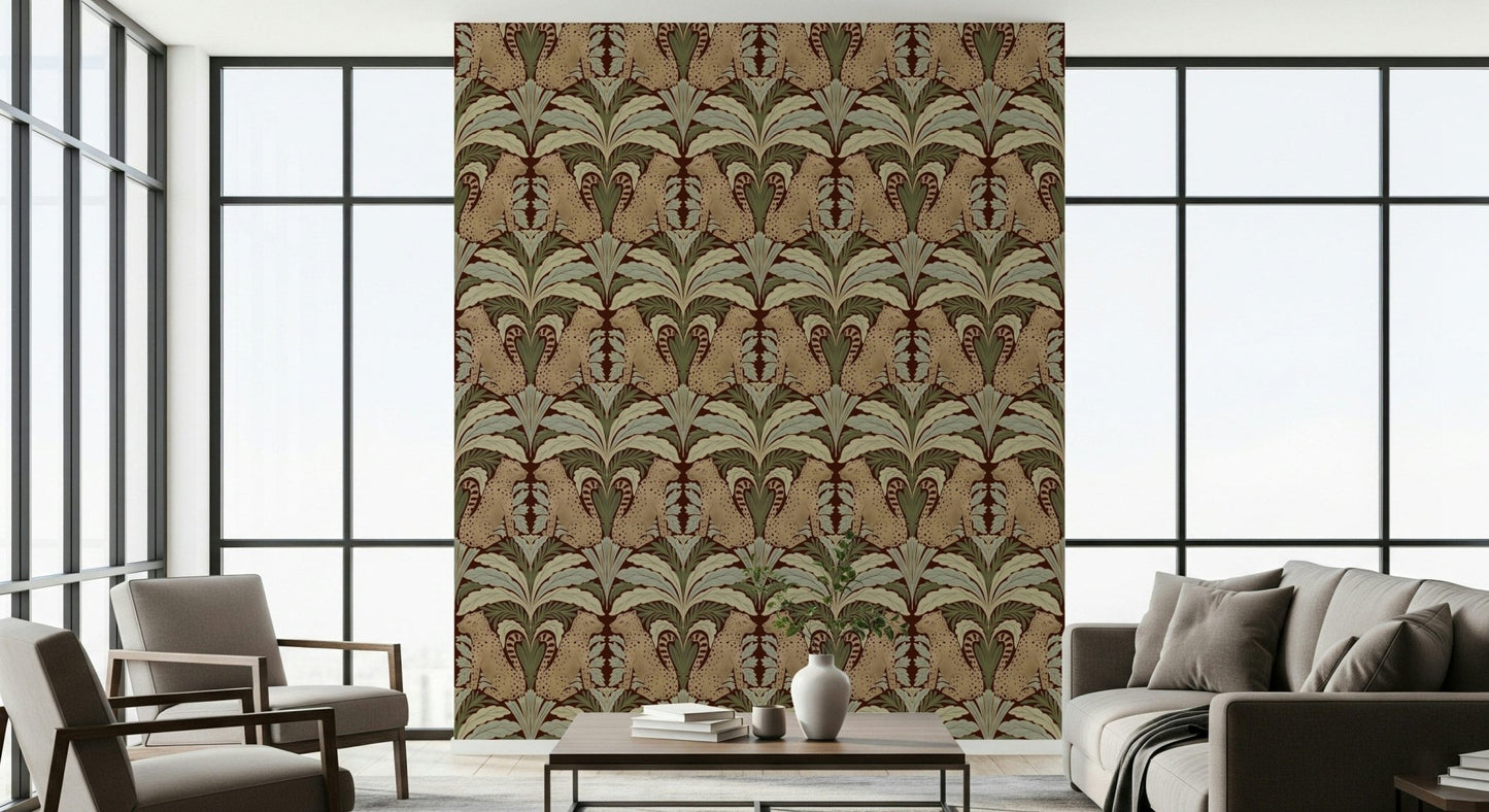 Leopard’s Eden wallpaper in media room, modern jungle theme wall decor