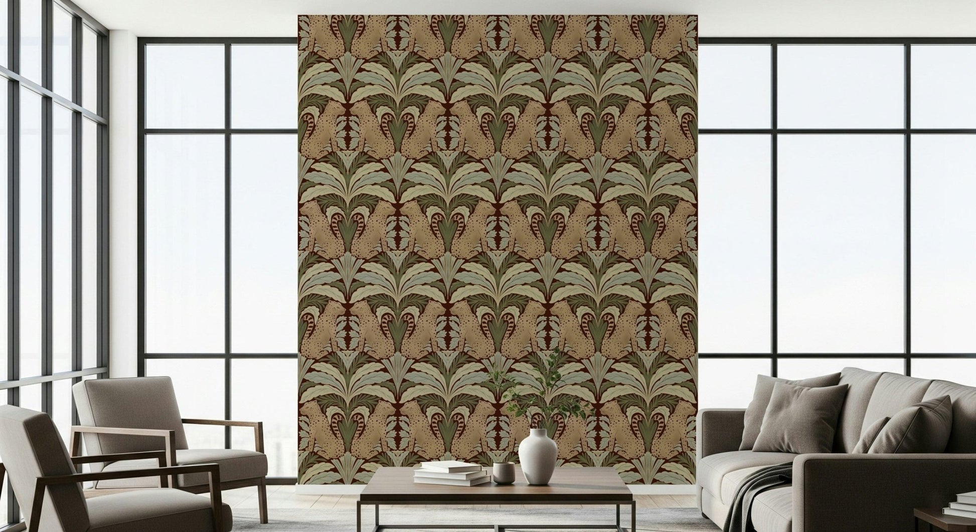 Leopard’s Eden wallpaper in media room, modern jungle theme wall decor