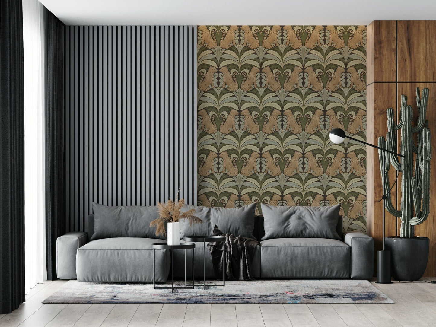 Leopard’s Lair mural in hallway, symmetrical foliage pattern adds depth and order