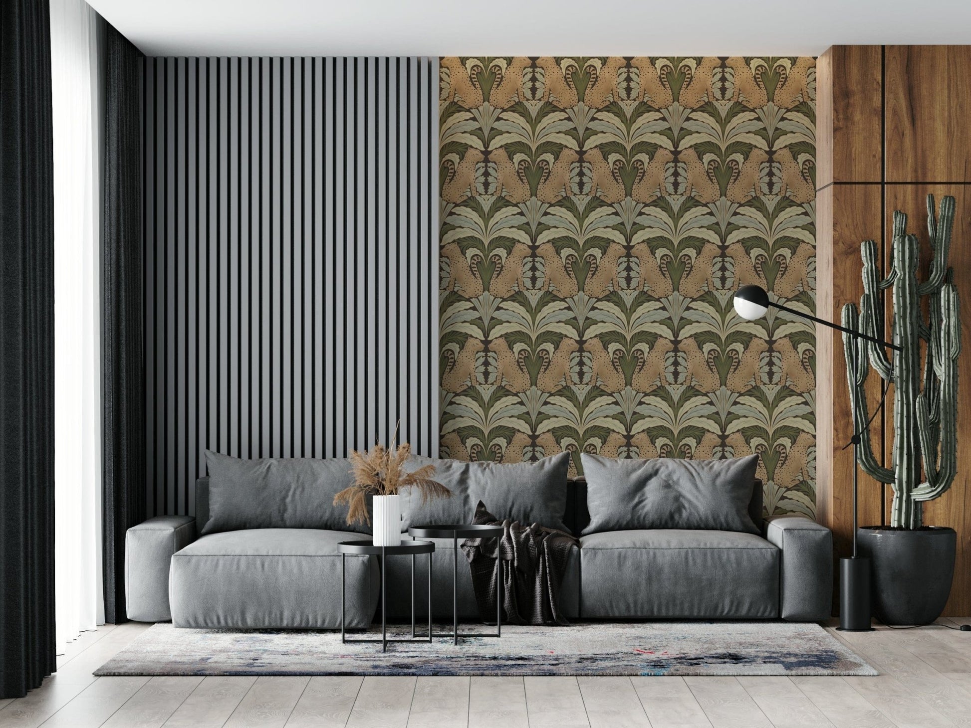 Leopard’s Lair mural in hallway, symmetrical foliage pattern adds depth and order