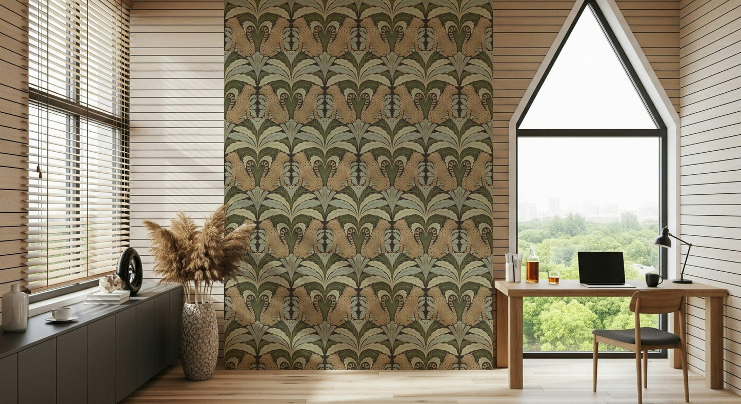 Neutral botanical symmetry wallpaper for dining room wall decor with leopard accent