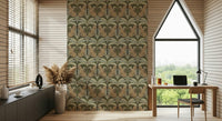 Neutral botanical symmetry wallpaper for dining room wall decor with leopard accent
