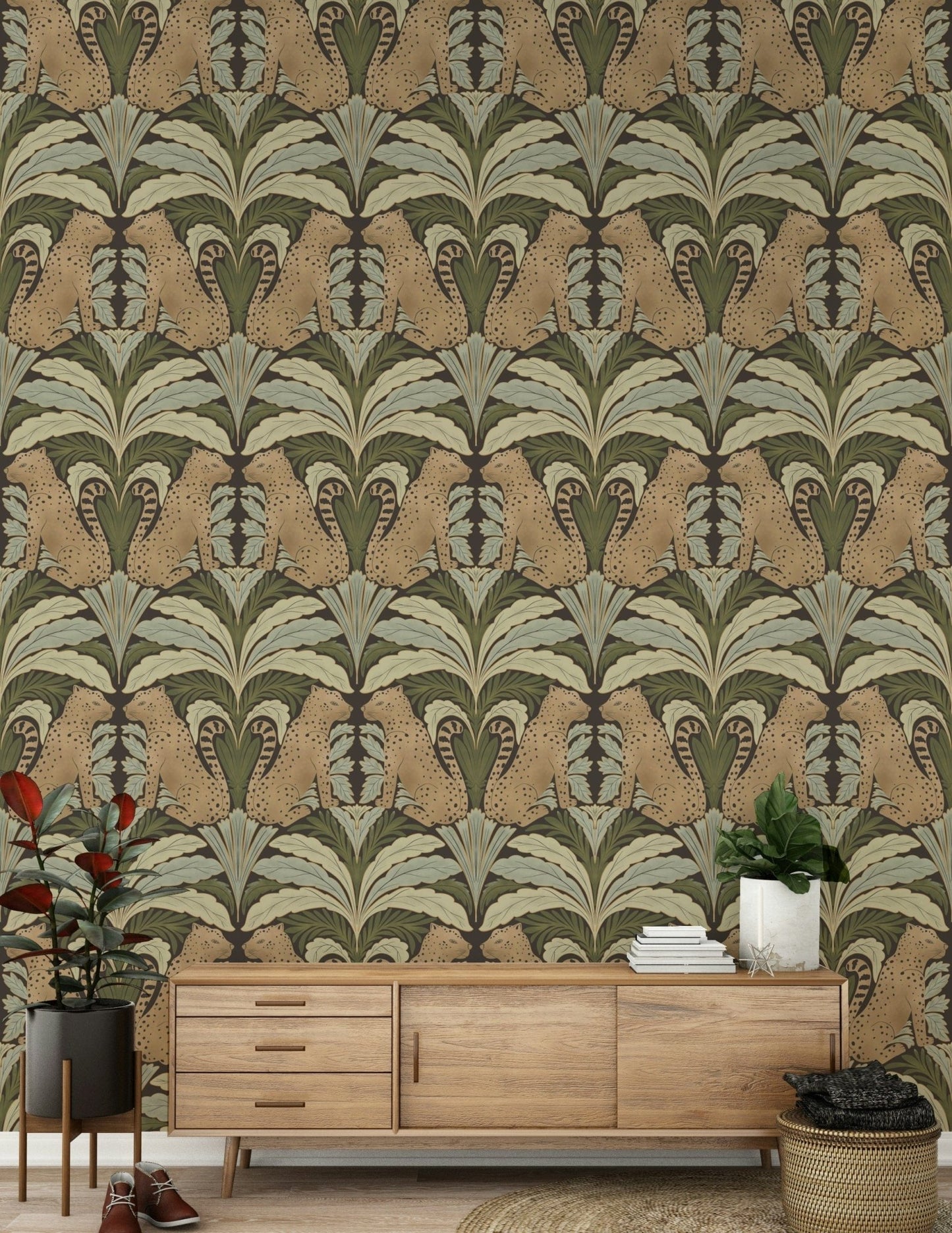 Symmetrical jungle leaves and leopard wall mural in apartment entryway, modern style