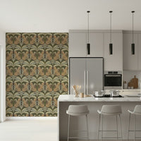 Leopard’s Lair wallpaper in home office, balanced leaf pattern behind desk
