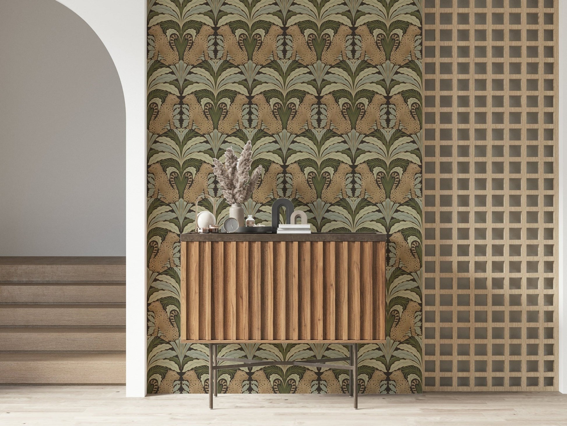 Leopard motif botanical mural on lounge feature wall, modern furniture and warm light