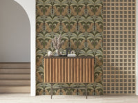 Leopard motif botanical mural on lounge feature wall, modern furniture and warm light