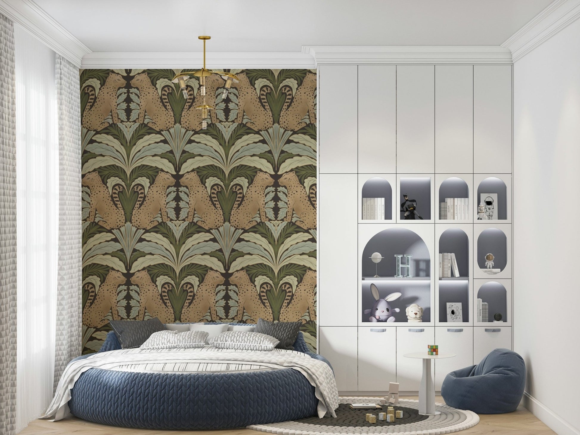 Leopard and leaves wall mural on bedroom headboard wall, modern apartment styling