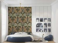 Leopard and leaves wall mural on bedroom headboard wall, modern apartment styling