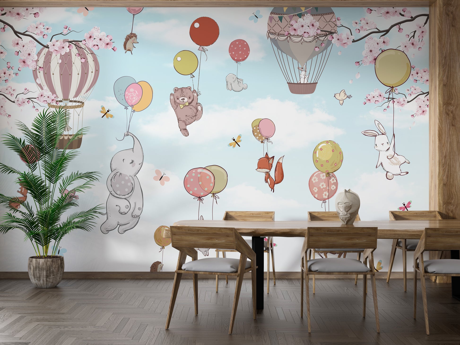 Levitating animals wallpaper mural styled along a hallway feature wall near a console in soft pastel tones