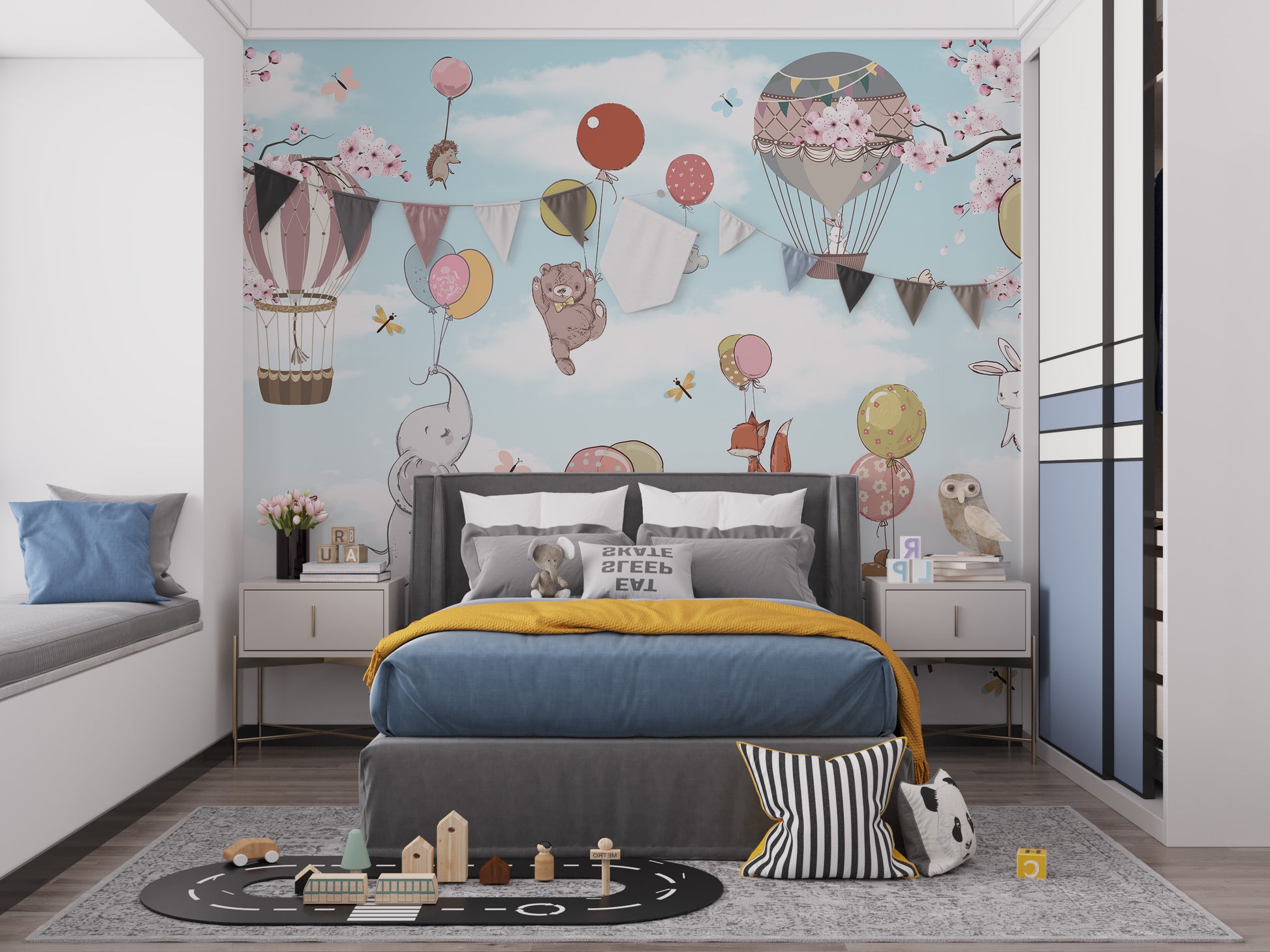 Levitating animals wallpaper mural styled as a feature wall behind a dining table and chairs in soft pastel tones