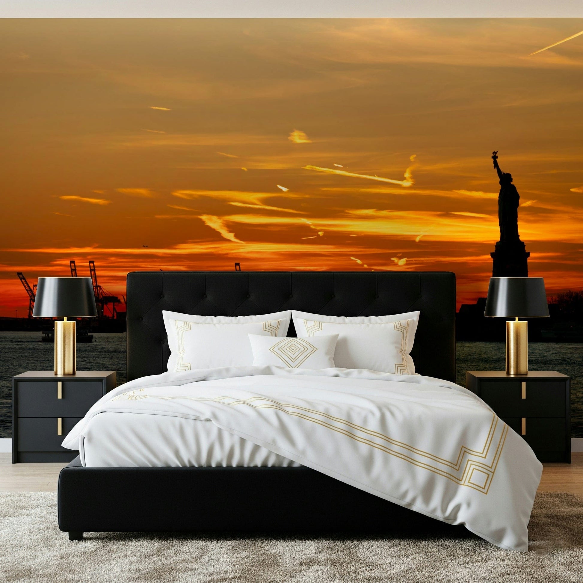 Vibrant orange dusk Liberty Sunset panoramic wall mural.