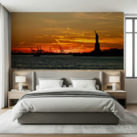 Industrial port cranes ocean view Liberty Sunset wallpaper.