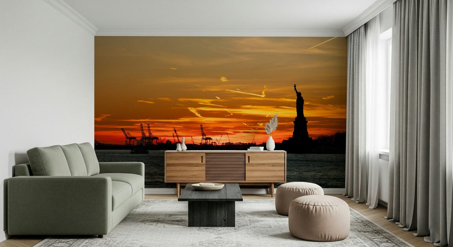 Dramatic skyline silhouette Liberty Sunset stunning wallpaper.