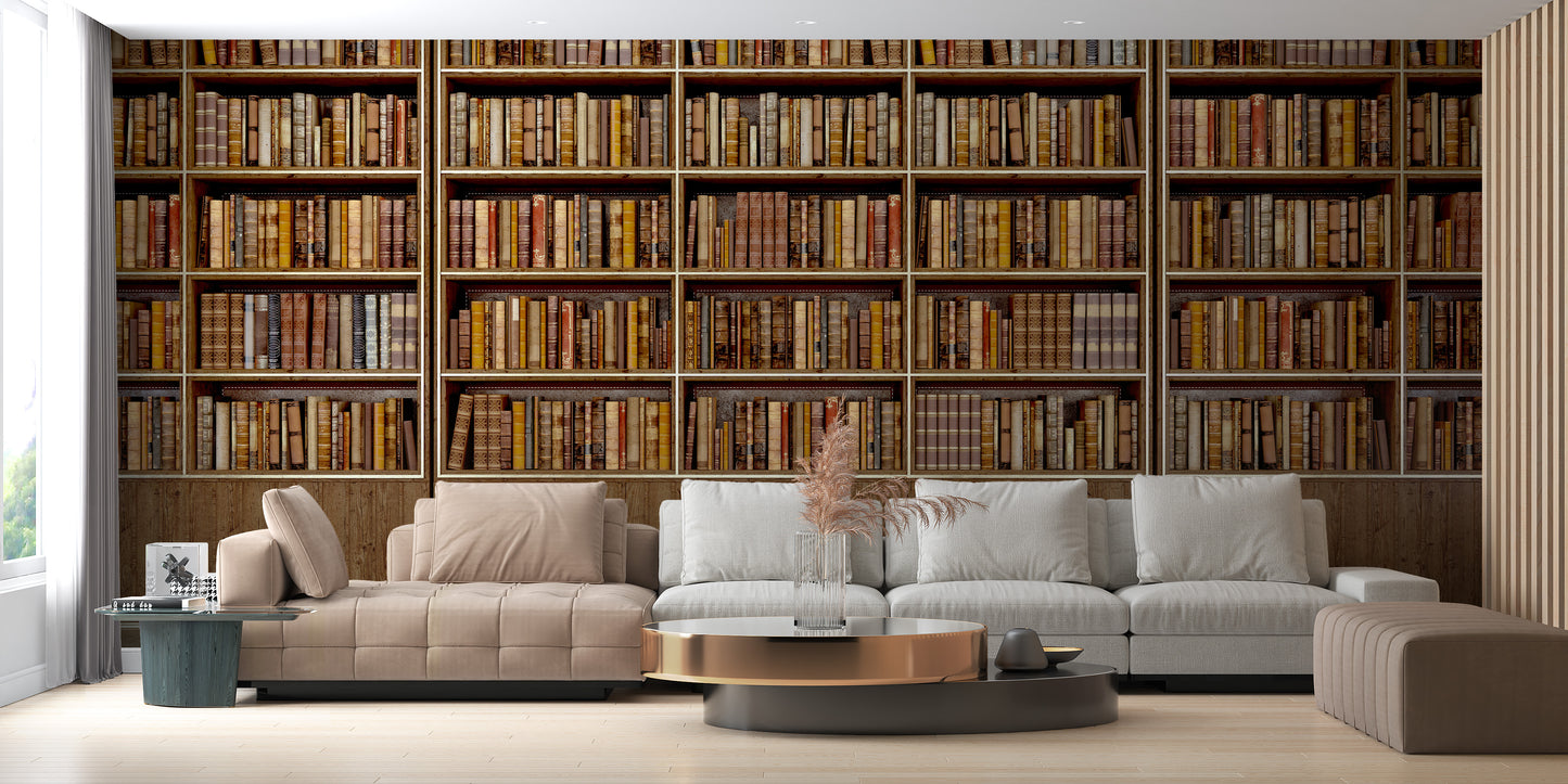 Library Bookcase wallpaper mural of floor-to-ceiling bookshelves behind a large beige sectional sofa