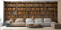 Library Bookcase wallpaper mural of floor-to-ceiling bookshelves behind a large beige sectional sofa