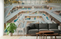 Decorative wall mural showcasing a labyrinth of library stacks in warm, inviting tones.