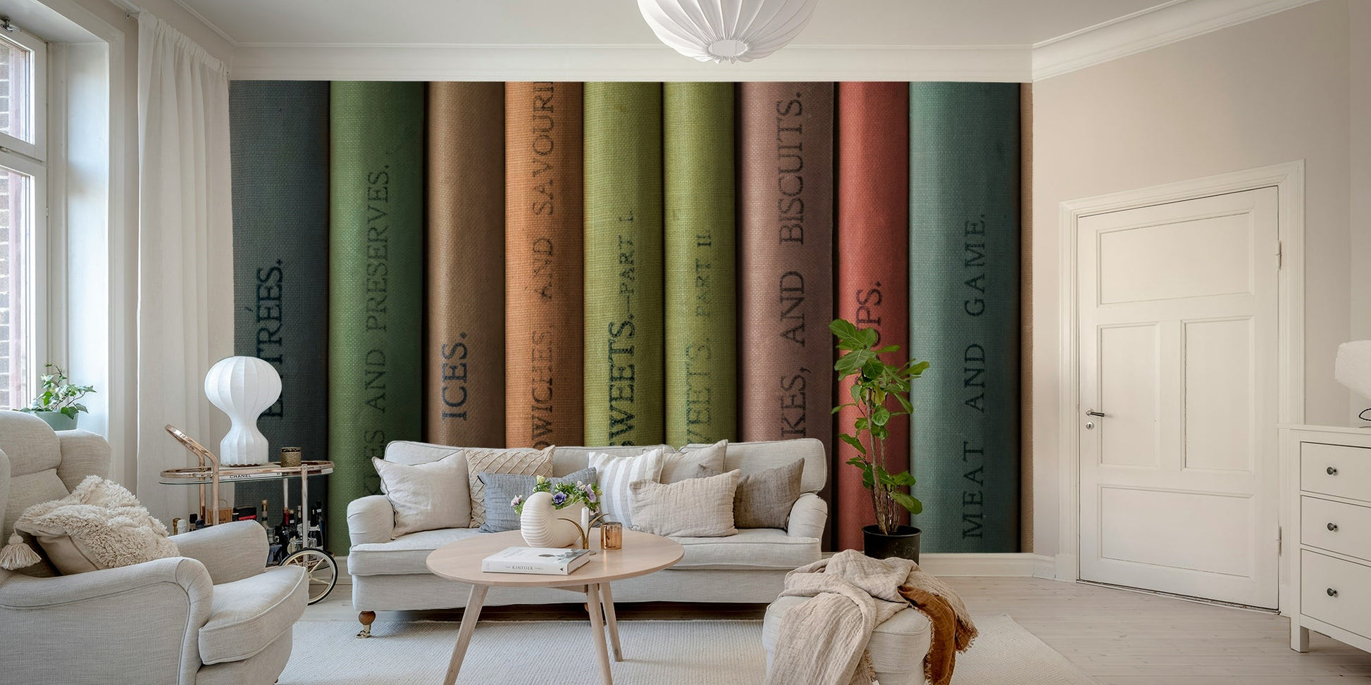 Colorful row of antique book spines captured in wall mural.


