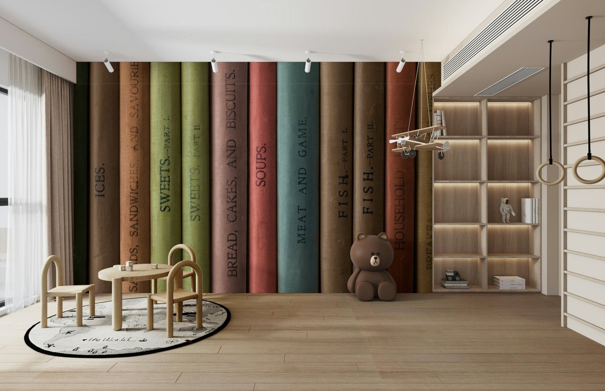 Cozy library vibe wall mural with classic book spines for decor.

