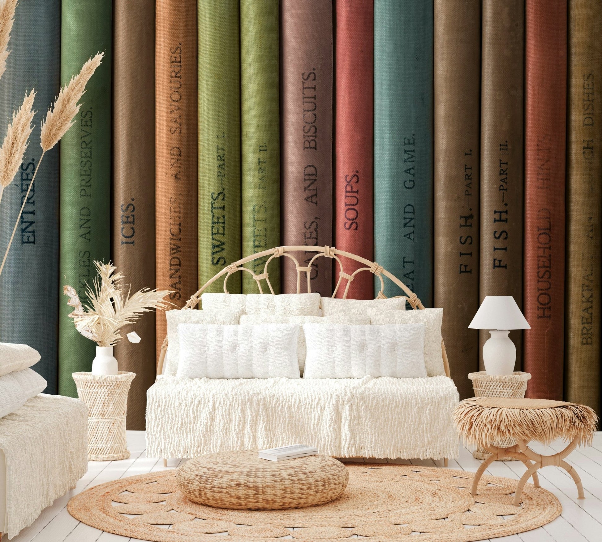 Library Treasures Wall Mural with colorful vintage book spines.

