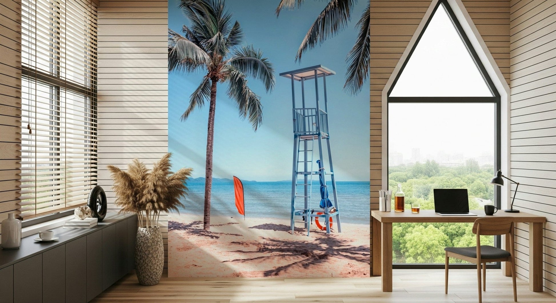 Coastal viewpoint mural in hallway, modern home styling with ocean view