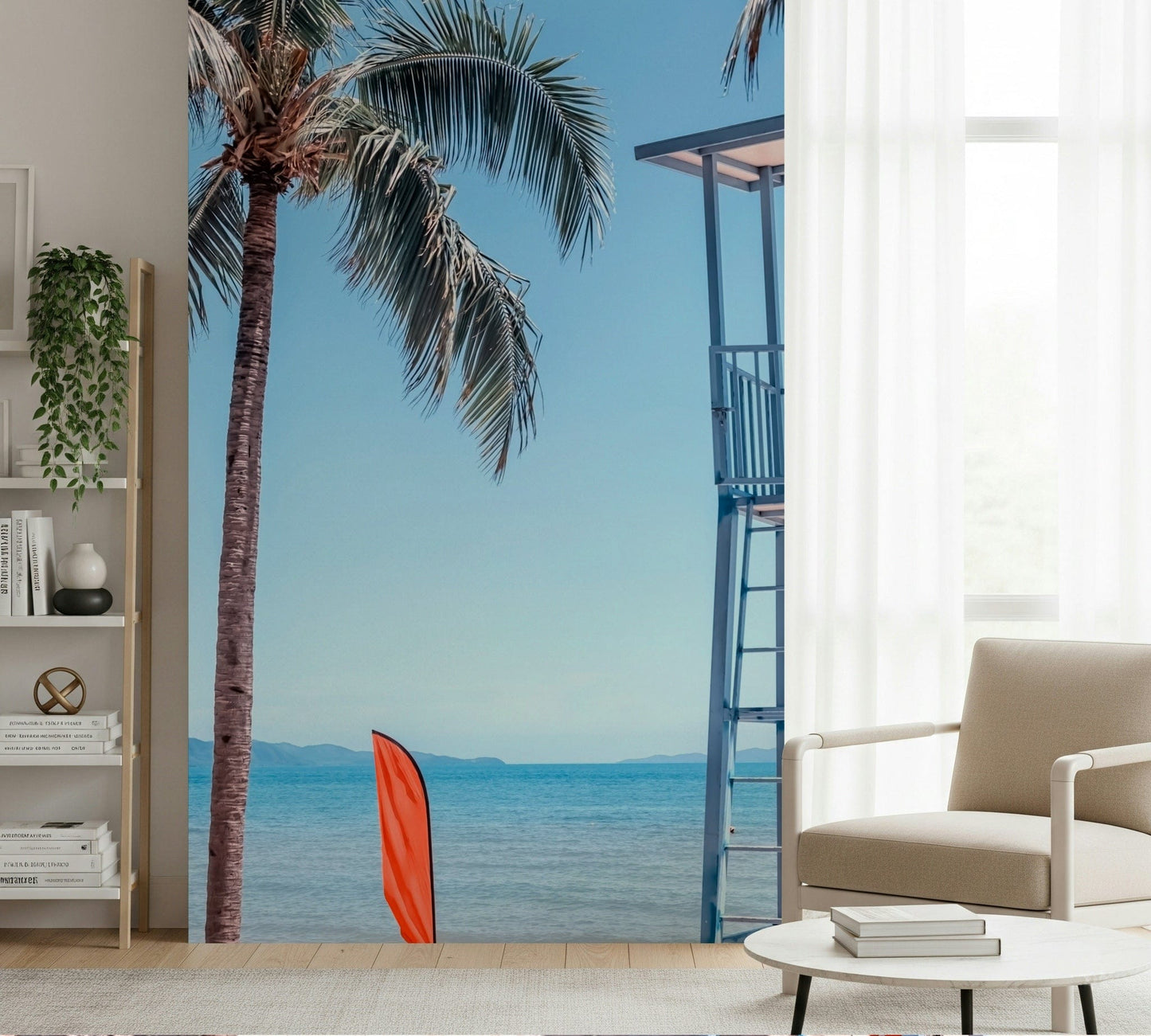 Lifeguard's View mural behind TV unit, tidy coastal horizon scene for lounge