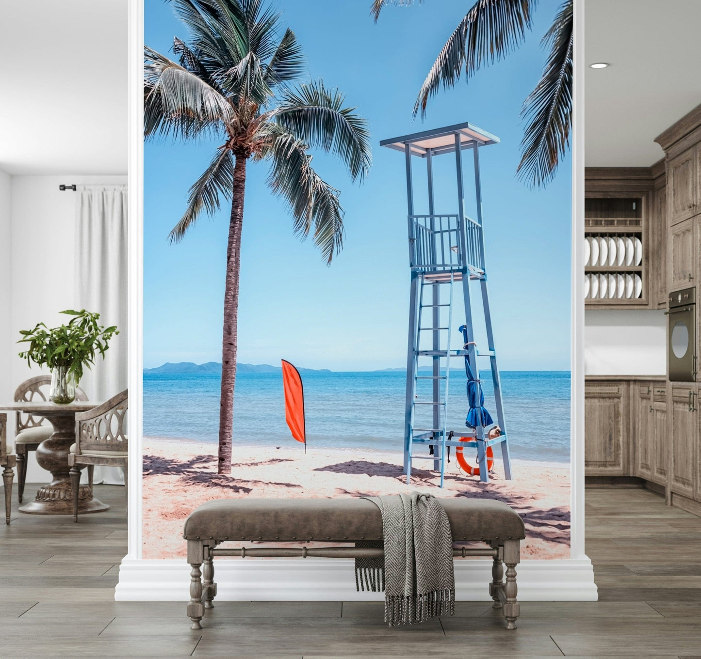 Lifeguard tower view mural in home office, clean coastal backdrop for work zone