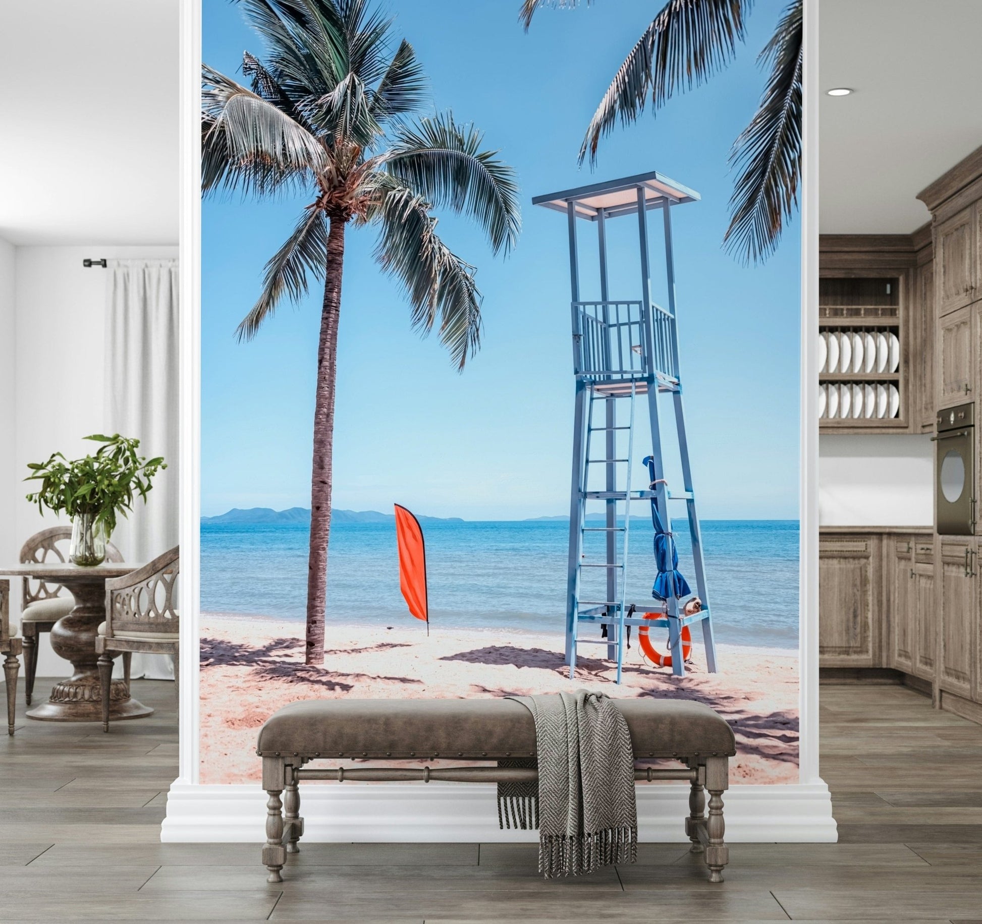 Lifeguard tower view mural in home office, clean coastal backdrop for work zone