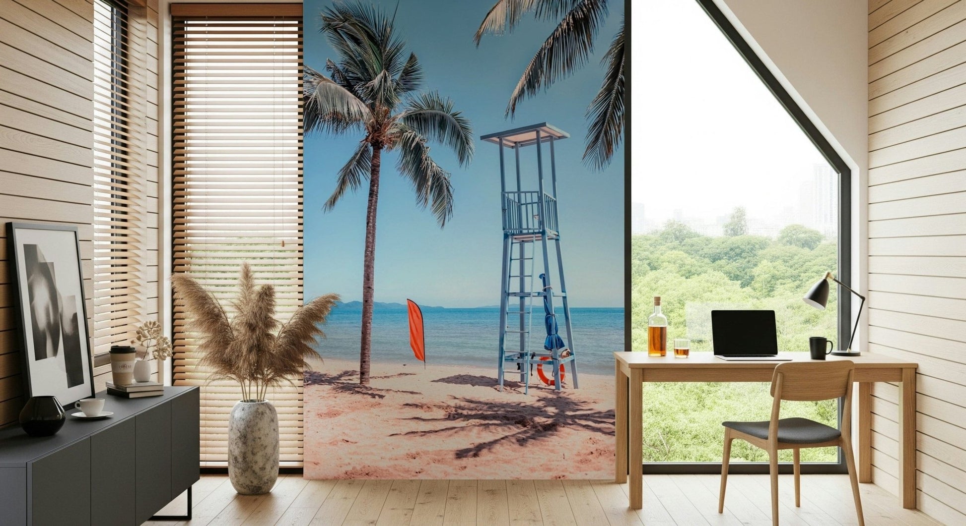 Lifeguard's View mural in entryway, shoreline scene behind timber console table
