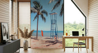 Lifeguard's View mural in entryway, shoreline scene behind timber console table