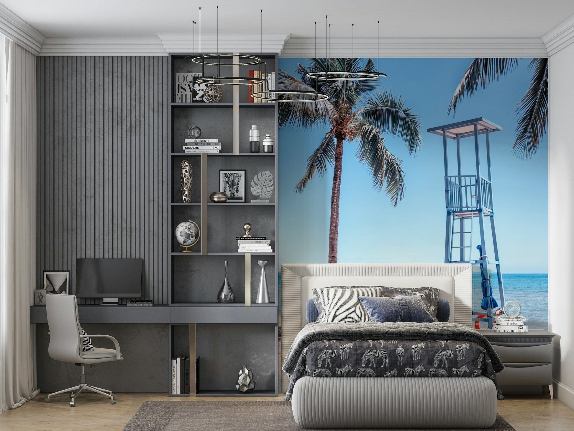 Beach lookout wallpaper for bedroom feature wall, soft blue water and sand
