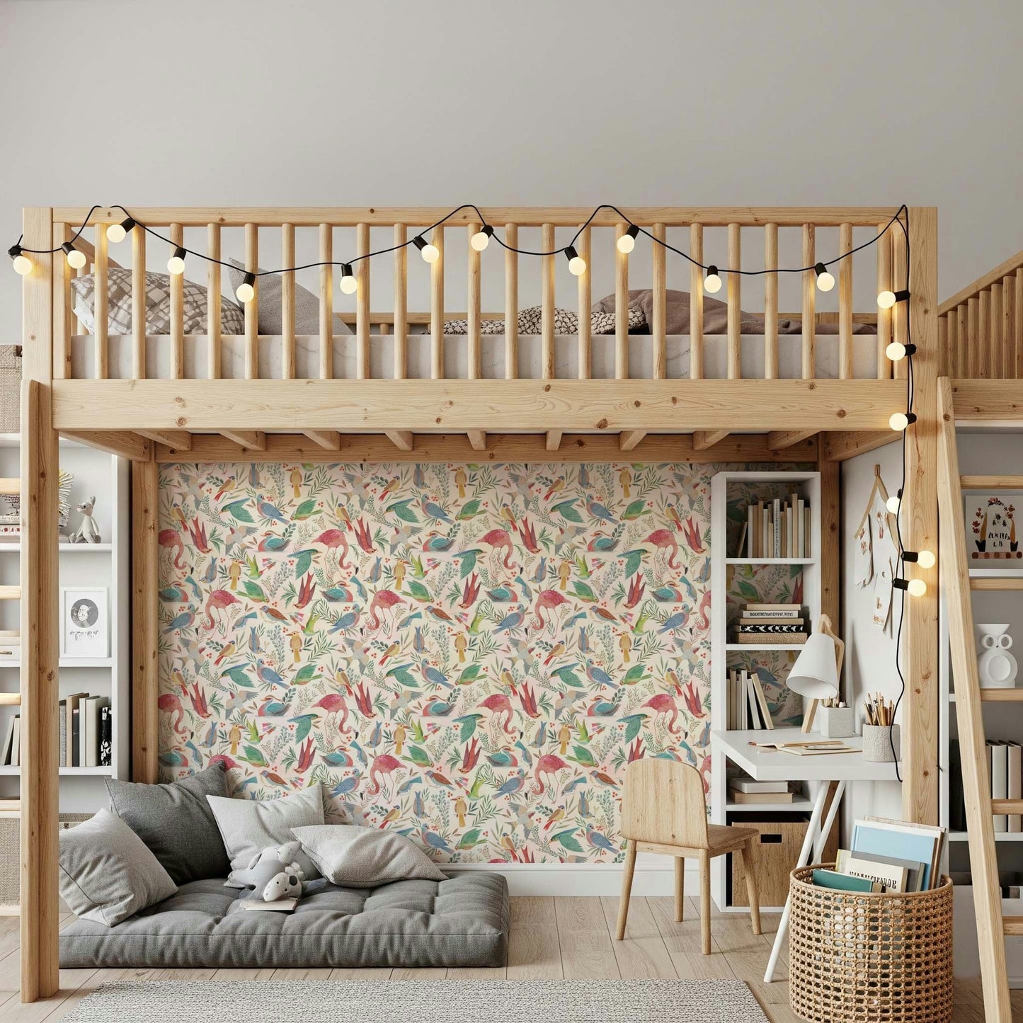 light Birdwatcher's wallpaper of watercolor birds under a wood loft bed with string lights and a grey floor sofa