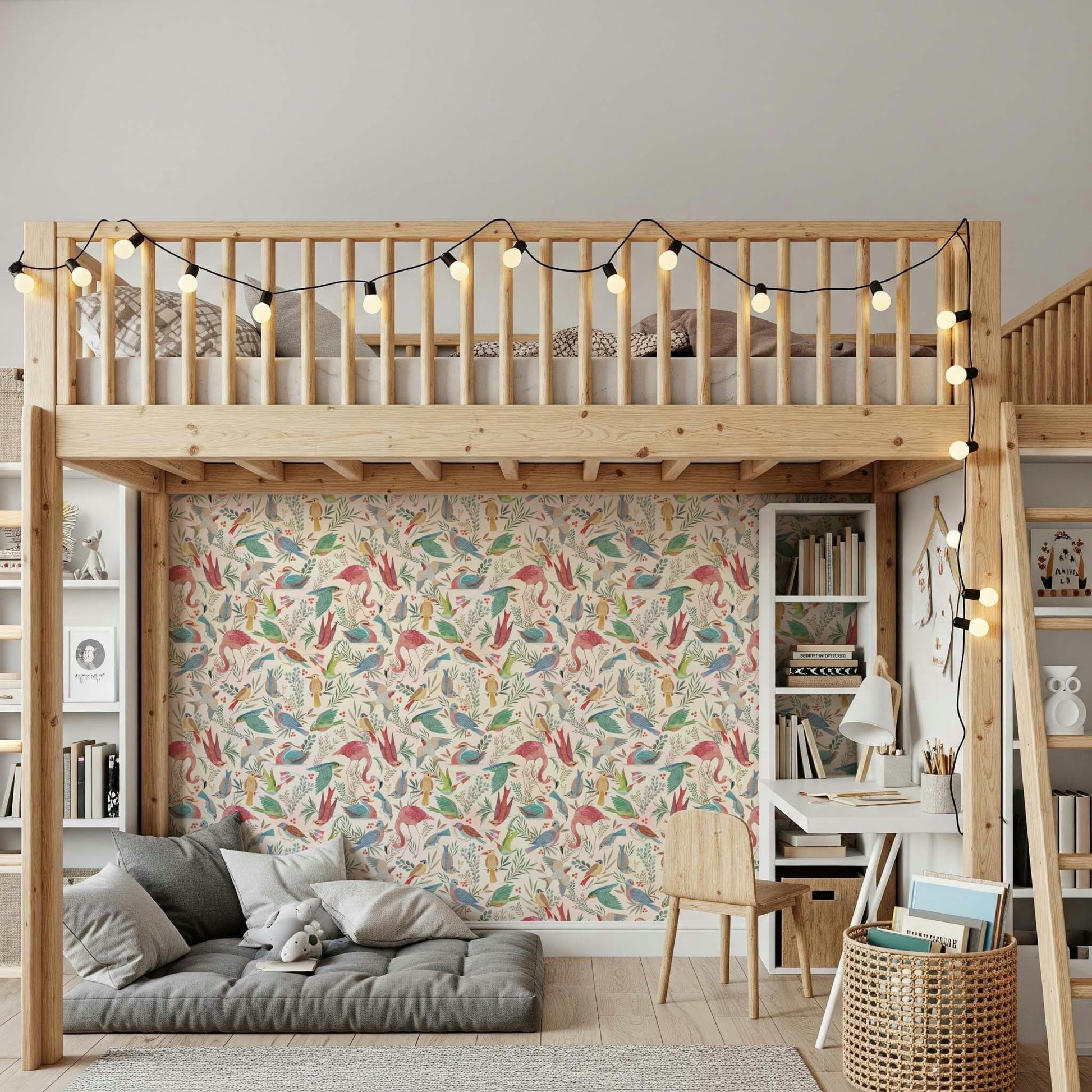 light Birdwatcher's wallpaper of watercolor birds under a wood loft bed with string lights and a grey floor sofa