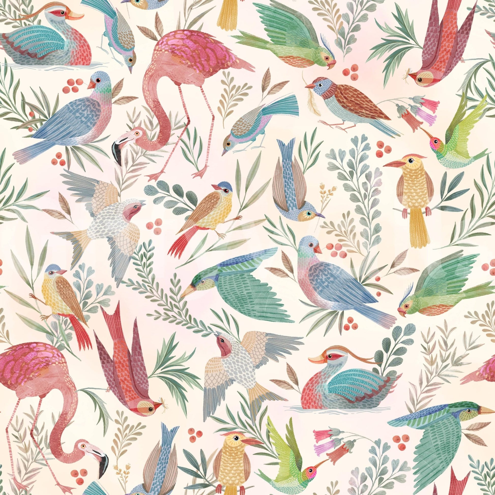 light Birdwatcher's wallpaper close-up showing watercolor flamingos, doves and parrots among leaves and berries