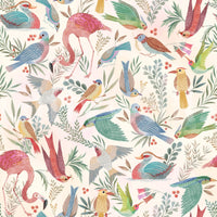 light Birdwatcher's wallpaper close-up showing watercolor flamingos, doves and parrots among leaves and berries