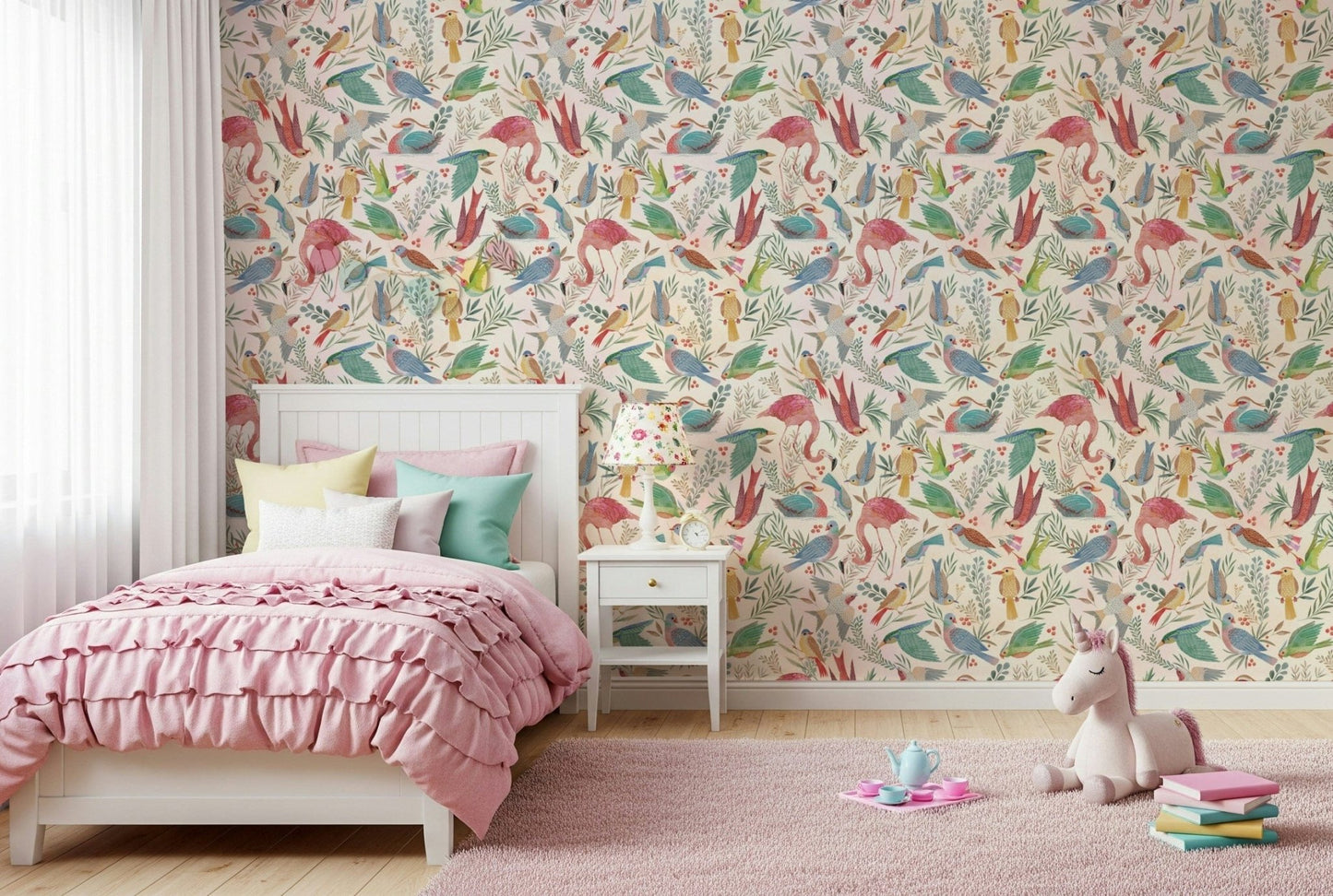 light Birdwatcher's wallpaper of flamingos and songbirds behind a pink ruffled girls bed with a unicorn plush