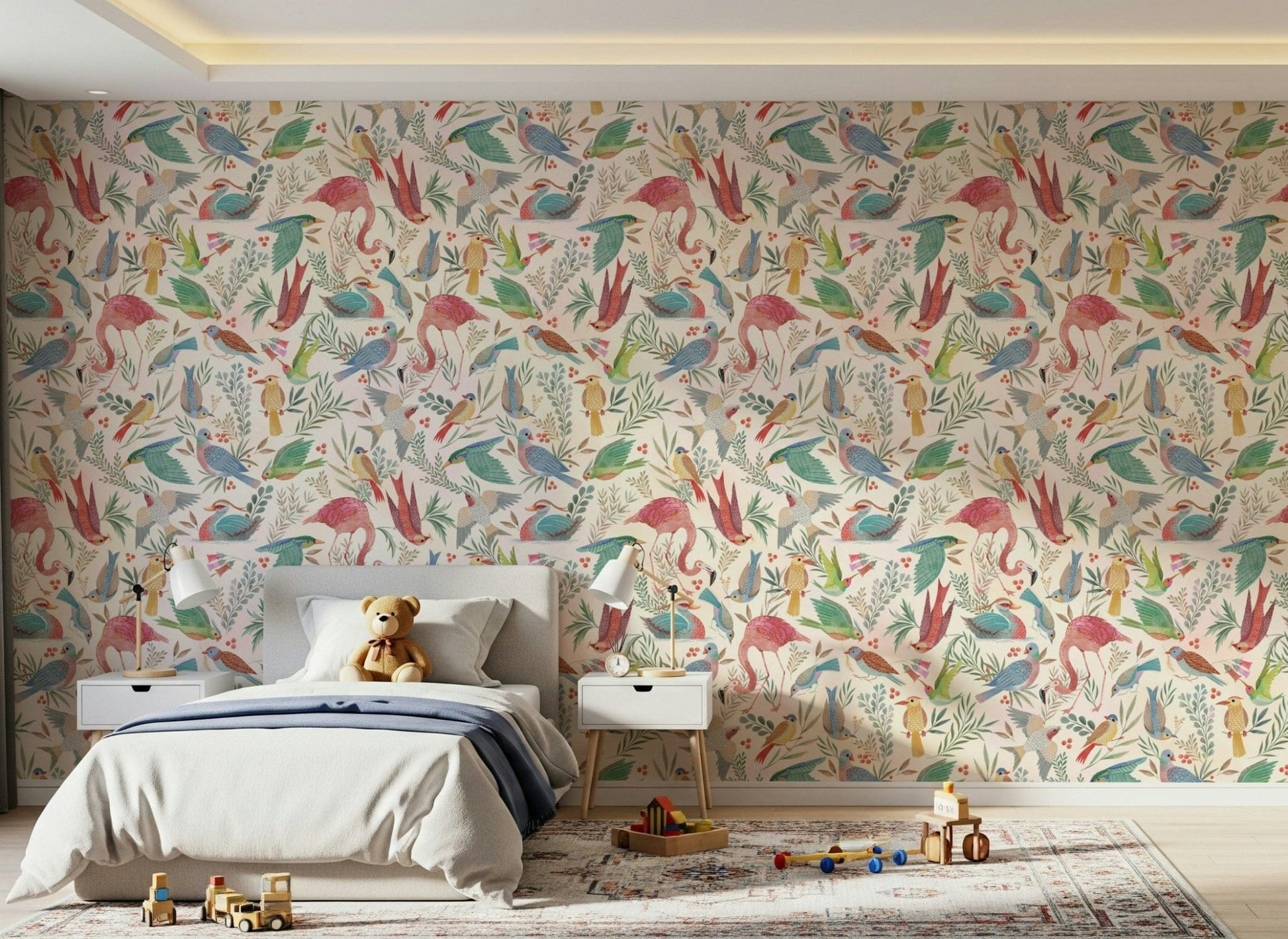 light Birdwatcher's wallpaper of pastel birds on cream behind a white kids bed with lamps and a teddy bear
