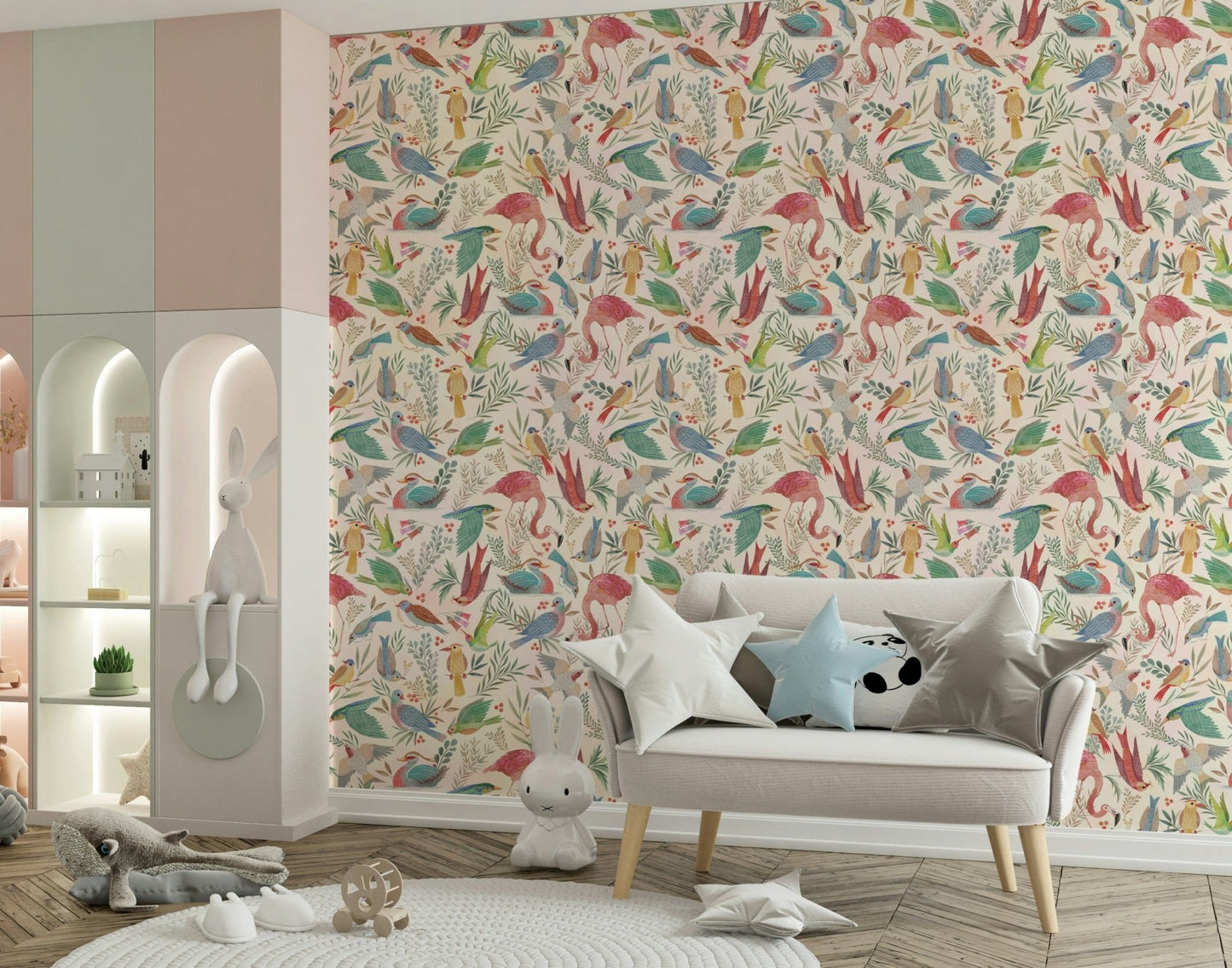 light Birdwatcher's wallpaper of colorful birds in a playroom with a grey star-cushion loveseat and bunny toys