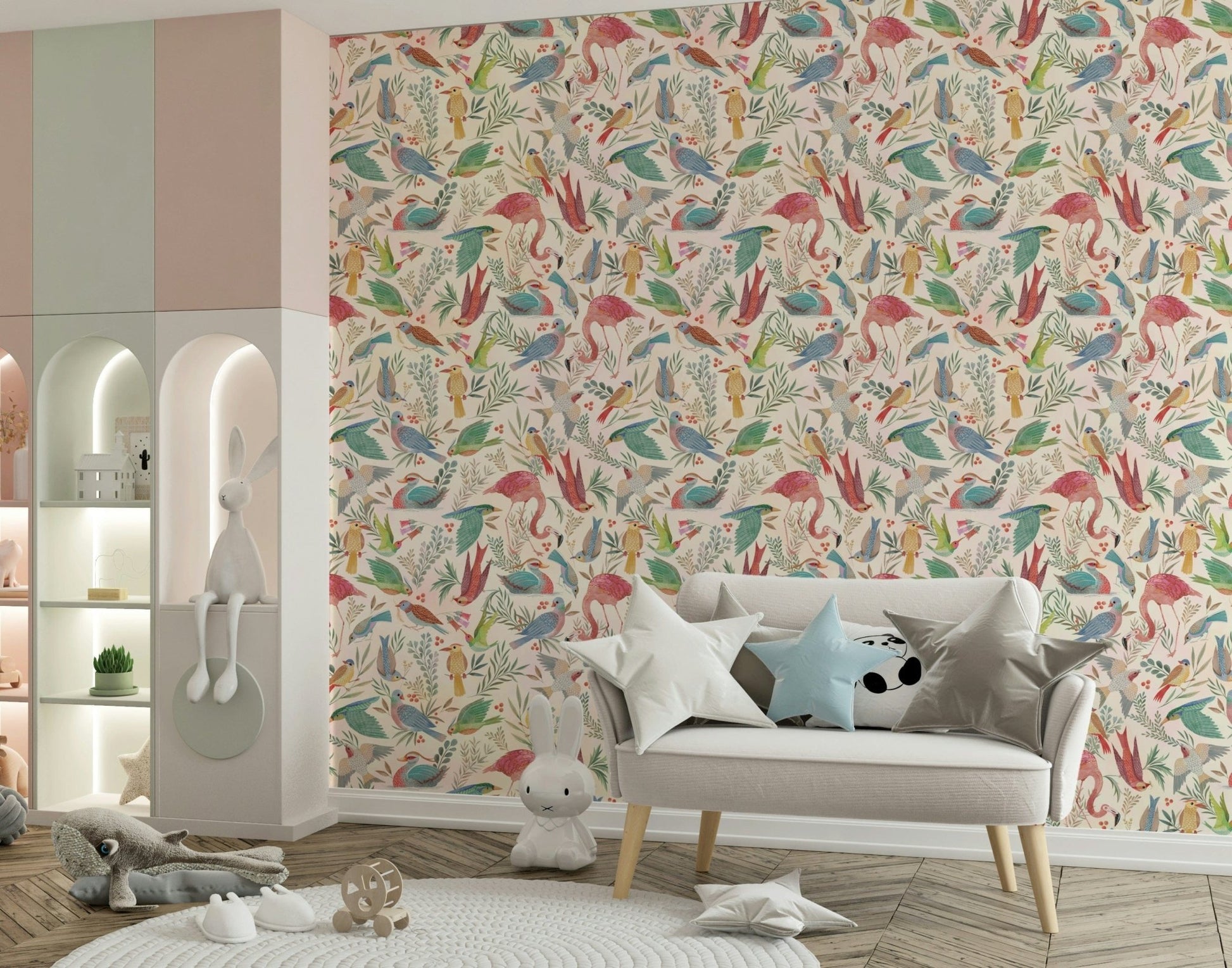 light Birdwatcher's wallpaper of colorful birds in a playroom with a grey star-cushion loveseat and bunny toys