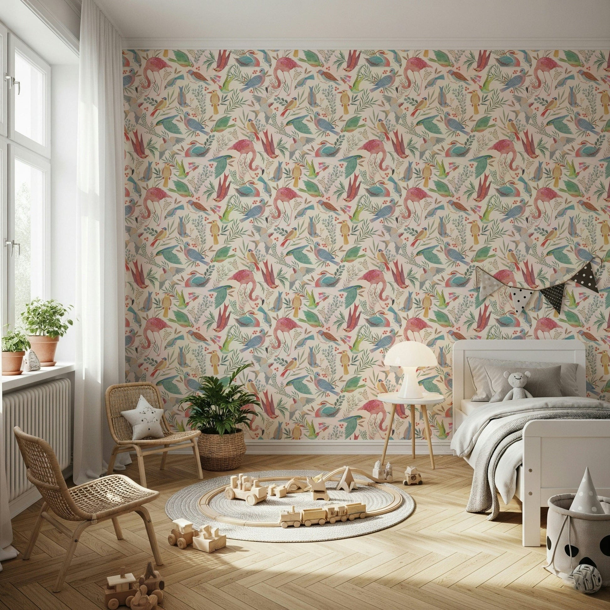 light Birdwatcher's wallpaper of birds and berries in a kids room with rattan chairs and wooden train toys