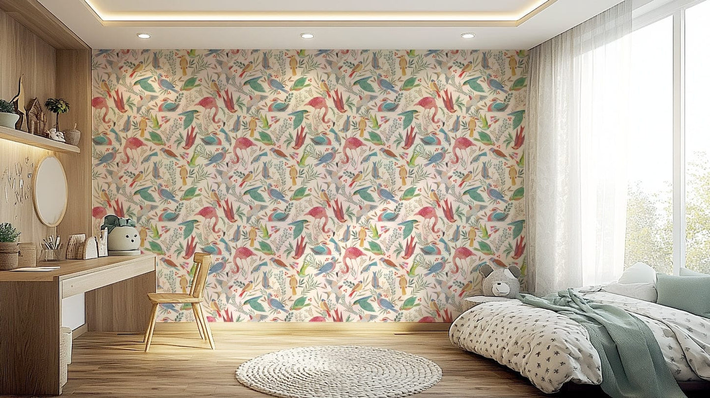 light Birdwatcher's wallpaper of pastel birds on cream behind a white desk and green-bedded kids bedroom