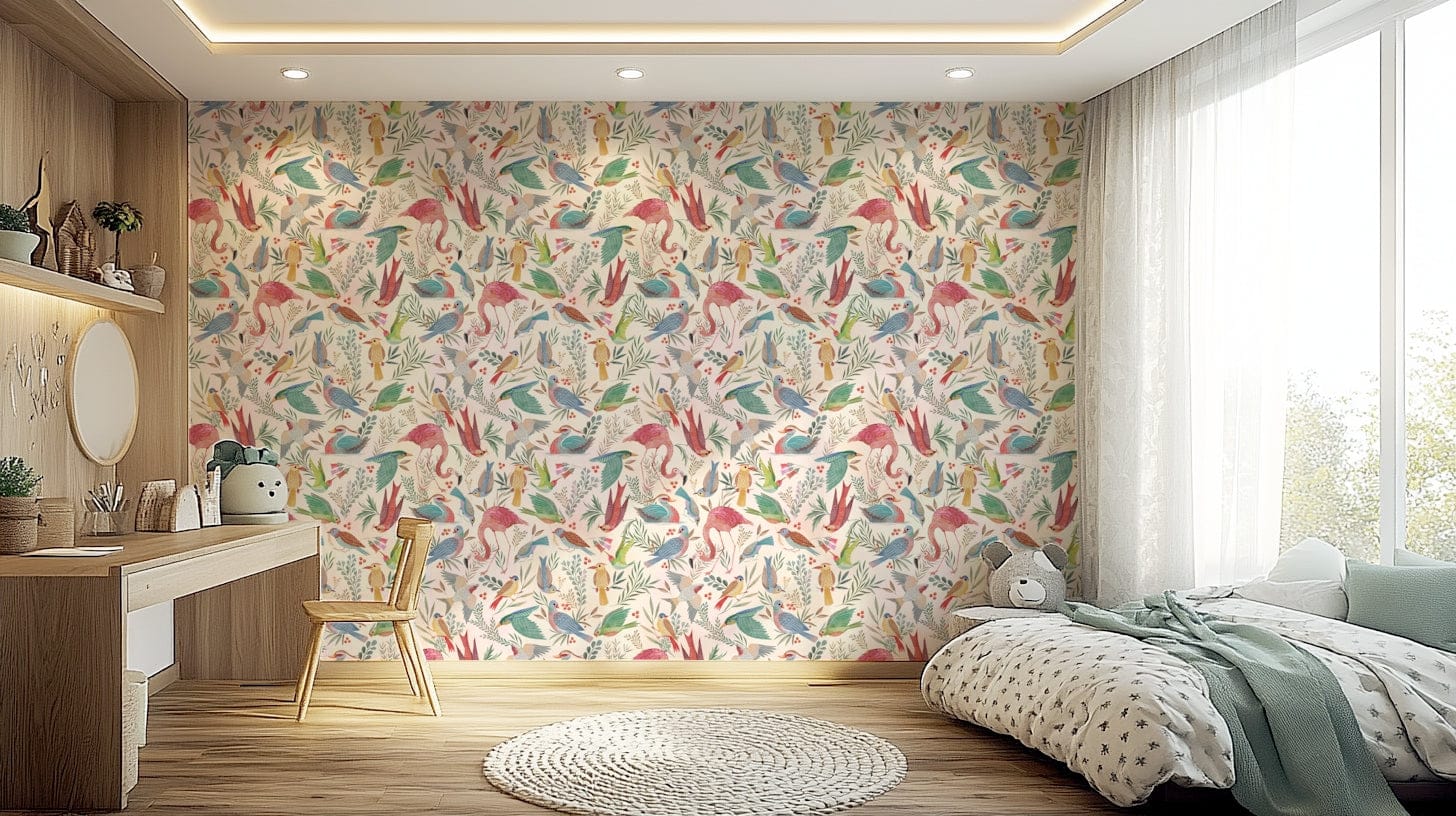 light Birdwatcher's wallpaper of pastel birds on cream behind a white desk and green-bedded kids bedroom
