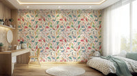 light Birdwatcher's wallpaper of pastel birds on cream behind a white desk and green-bedded kids bedroom