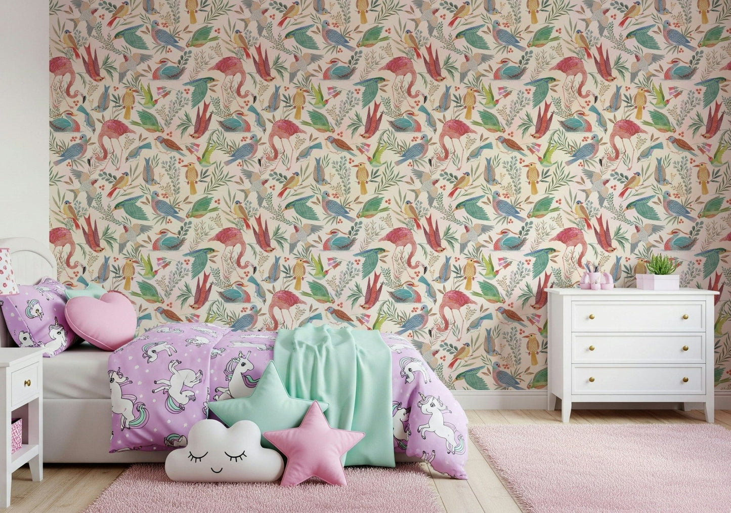 light Birdwatcher's wallpaper of colorful birds in a kids bedroom with purple unicorn bedding and cloud cushions