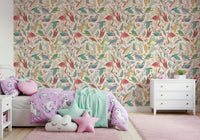 light Birdwatcher's wallpaper of colorful birds in a kids bedroom with purple unicorn bedding and cloud cushions