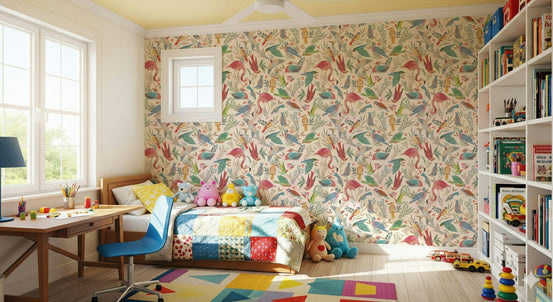 light Birdwatcher's wallpaper of watercolor birds and foliage in a kids room with a patchwork bed and bookshelf