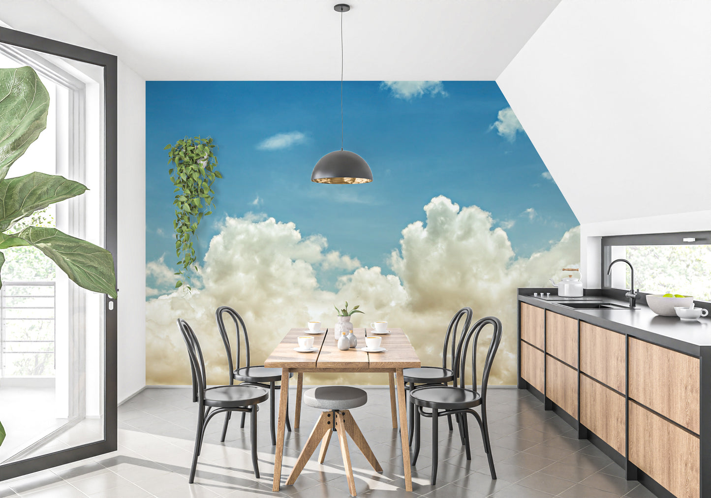 Light blue sky wallpaper mural of fluffy cream clouds behind a wood dining table and black bentwood chairs