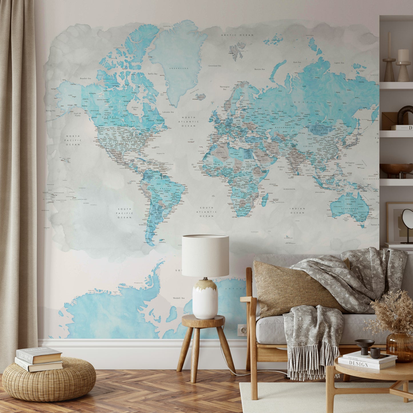 Watercolor map wallpaper in light blue tones

